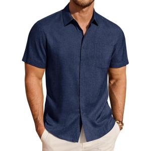image:imageJVER Mens Button Down Short Sleeve Shirts Summer Beach Vacation Untucked Casual Tops Wrinkle Resistant Linen ShirtNavy Blue