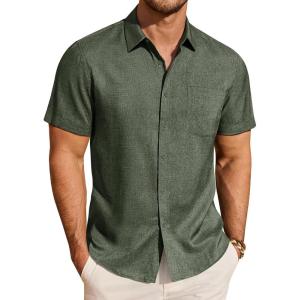 image:imageJVER Mens Button Down Short Sleeve Shirts Summer Beach Vacation Untucked Casual Tops Wrinkle Resistant Linen ShirtOlive Green