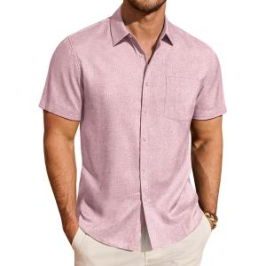 image:imageJVER Mens Button Down Short Sleeve Shirts Summer Beach Vacation Untucked Casual Tops Wrinkle Resistant Linen ShirtPink