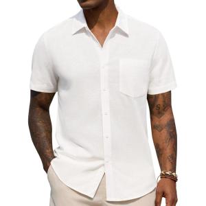 image:imageJVER Mens Button Down Short Sleeve Shirts Summer Beach Vacation Untucked Casual Tops Wrinkle Resistant Linen ShirtWhite