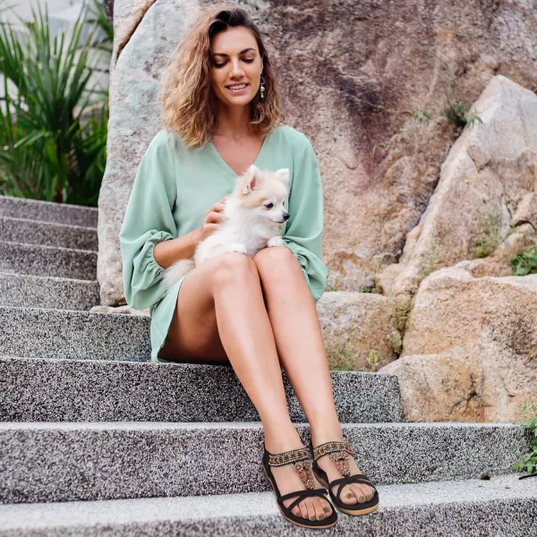 Womens Sandals Dressy Summer: Flat Shoes Comfortable Bohemian Elastic Ankle Strap Beach Walking Sandals for Women