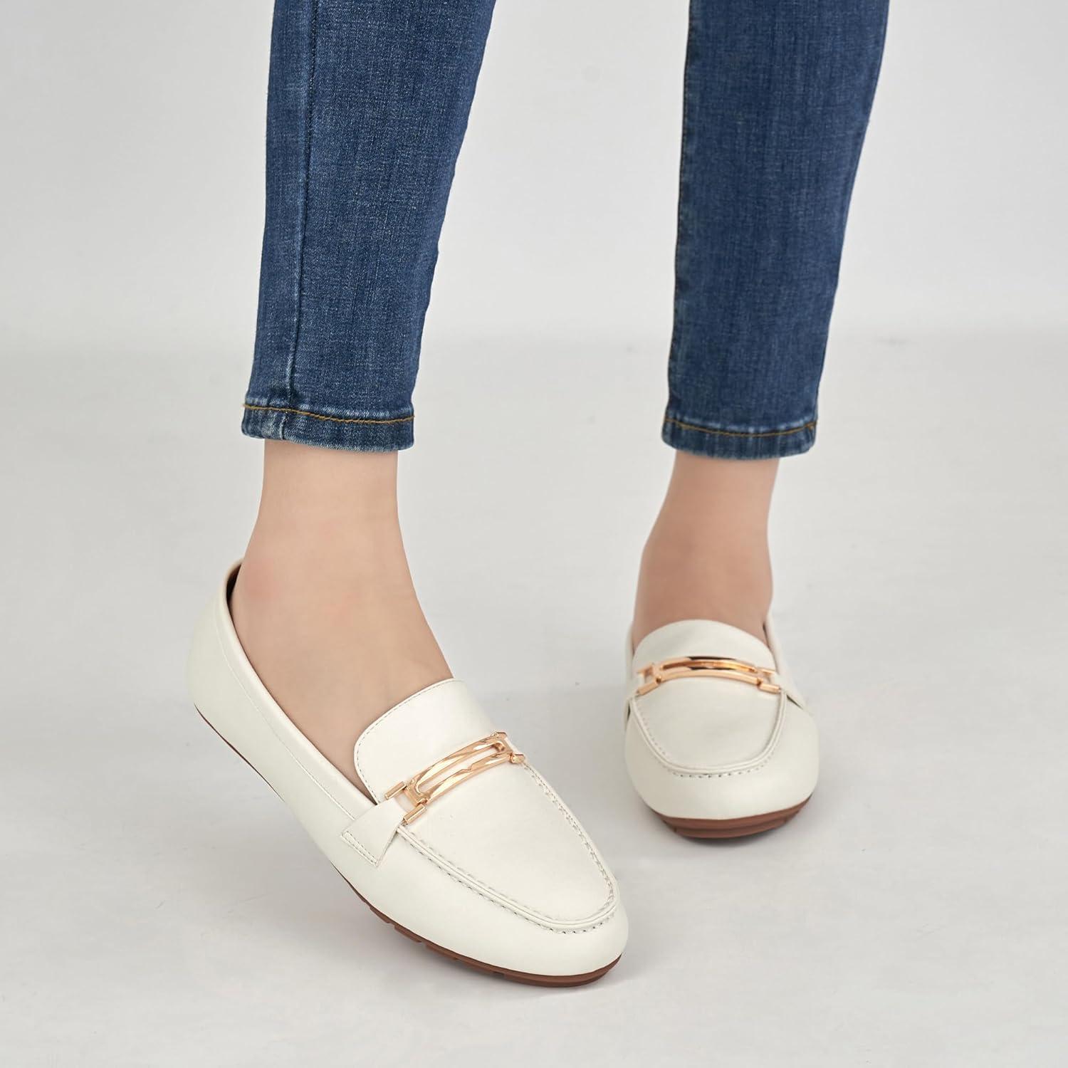 imageAlicegana Penny Loafers for Women Comfortable  Dress Casual Slip On Flat Shoes for Walking Business Work Driving OfficeWhite