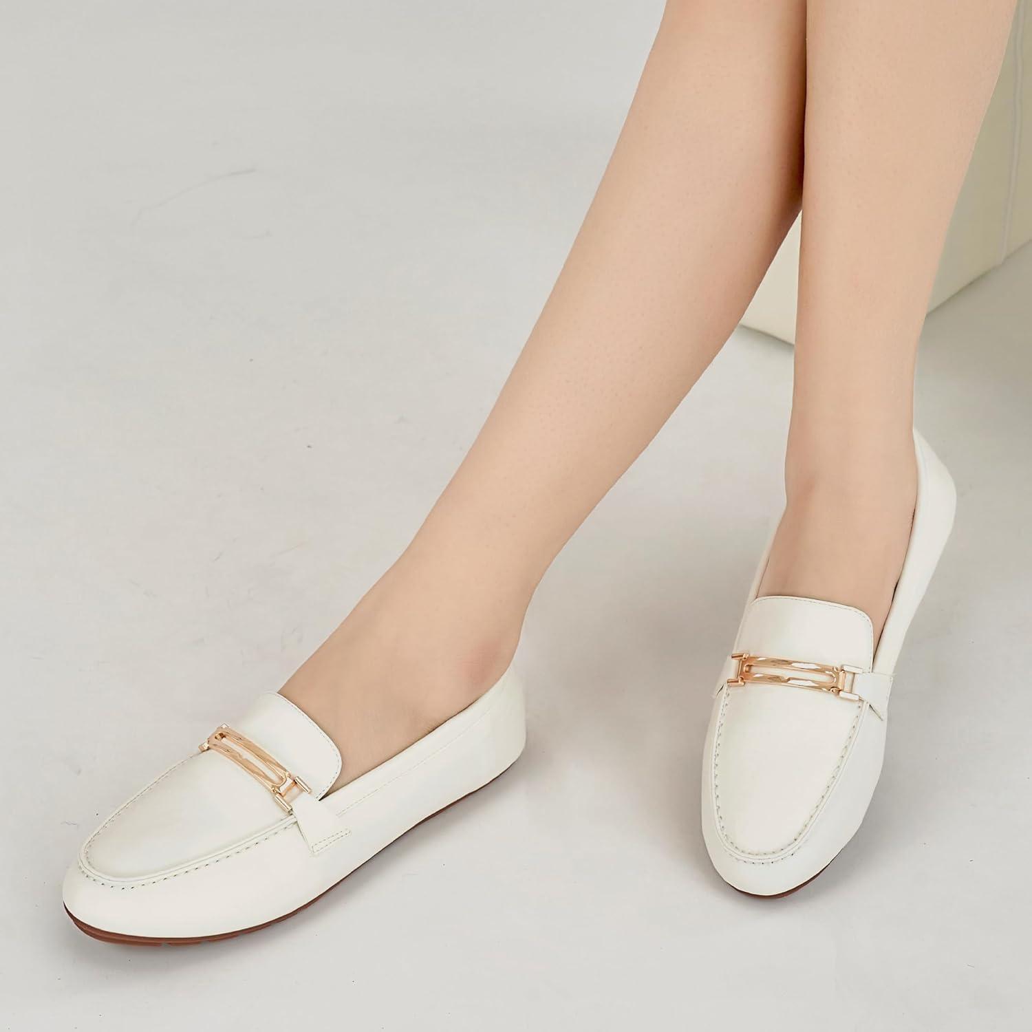 imageAlicegana Penny Loafers for Women Comfortable  Dress Casual Slip On Flat Shoes for Walking Business Work Driving OfficeWhite