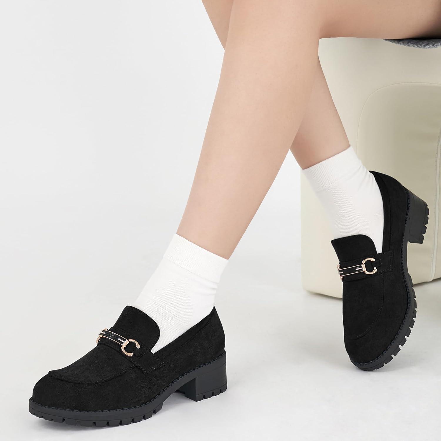 imageAlicegana Platform Loafers for Women Fashion Comfortable Suede Chunky Penny Loafer Casual Slip on Dress Business Work ShoesBlack