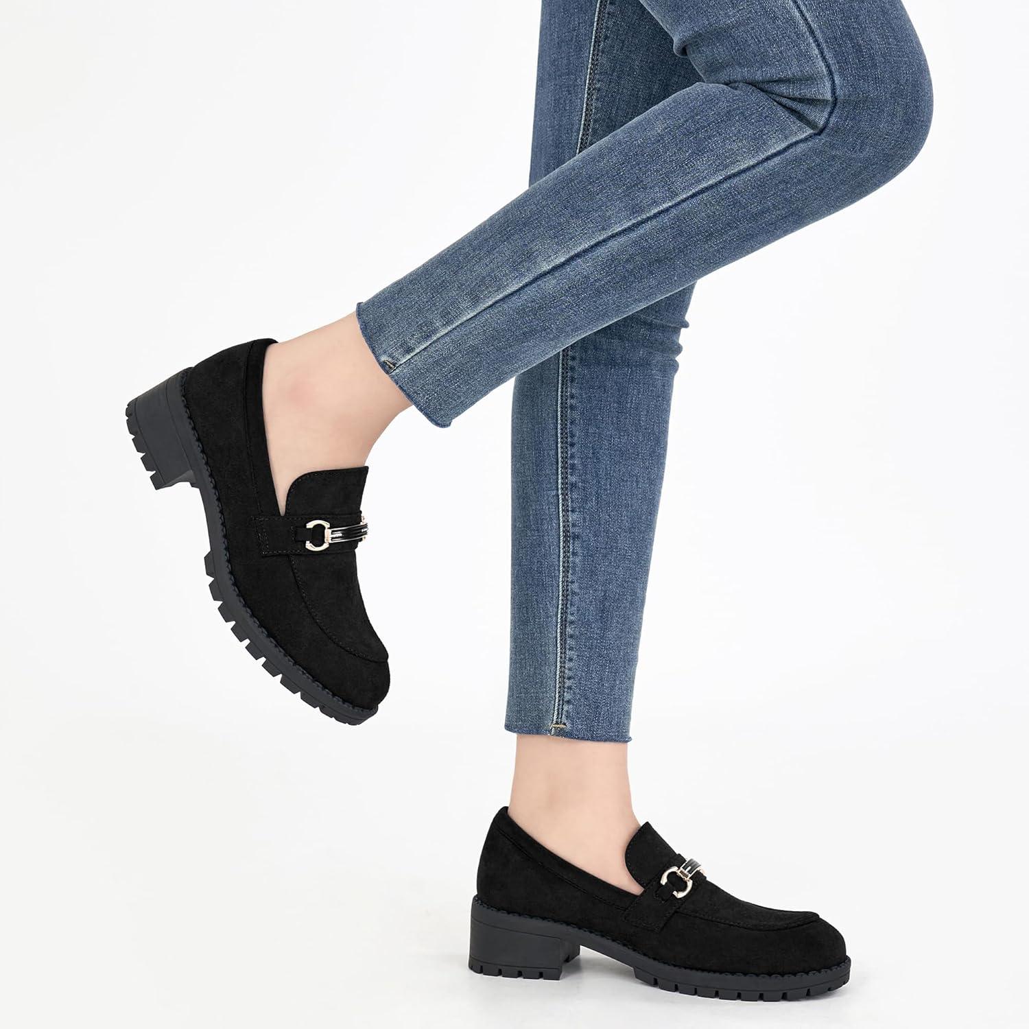 imageAlicegana Platform Loafers for Women Fashion Comfortable Suede Chunky Penny Loafer Casual Slip on Dress Business Work ShoesBlack