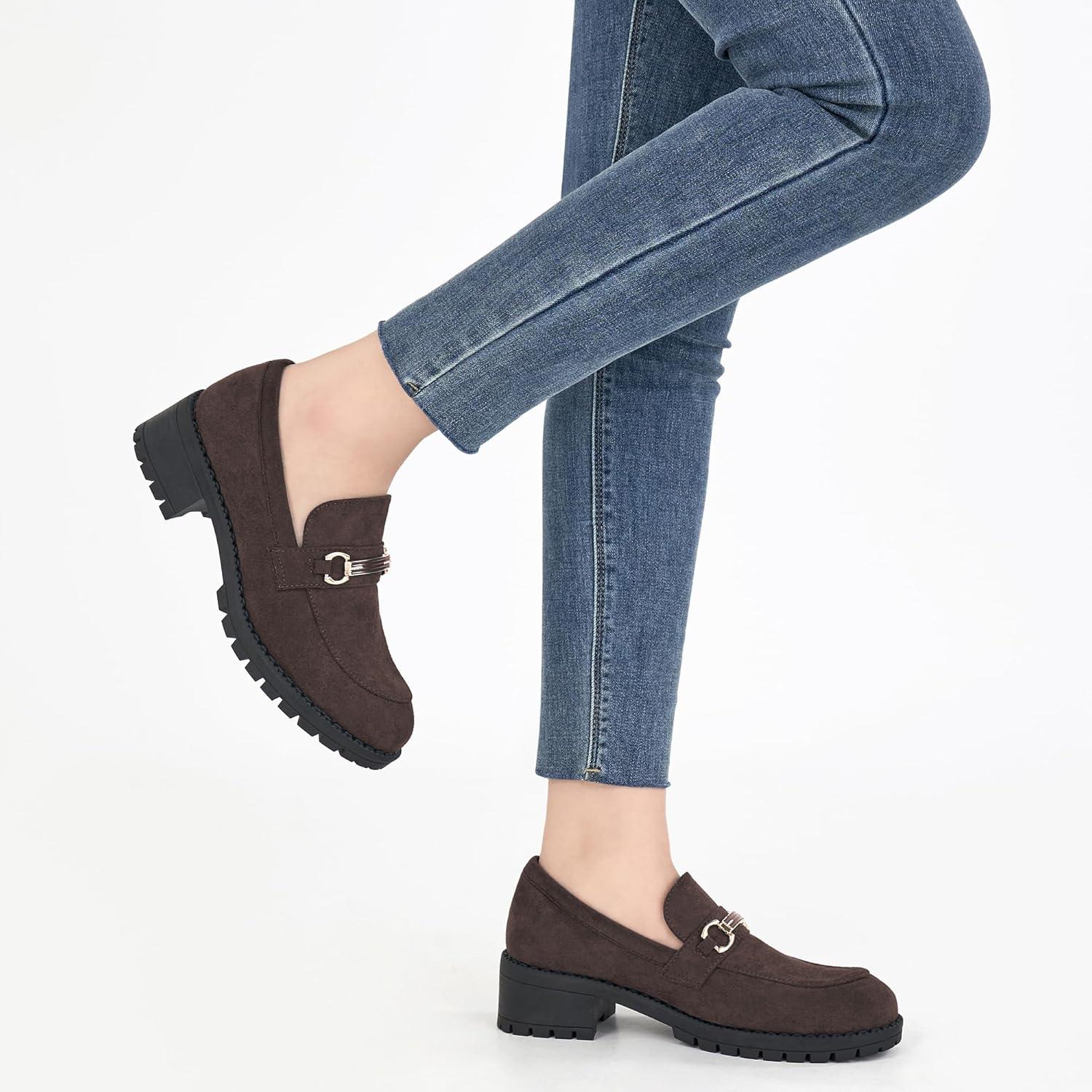 imageAlicegana Platform Loafers for Women Fashion Comfortable Suede Chunky Penny Loafer Casual Slip on Dress Business Work ShoesCoffee