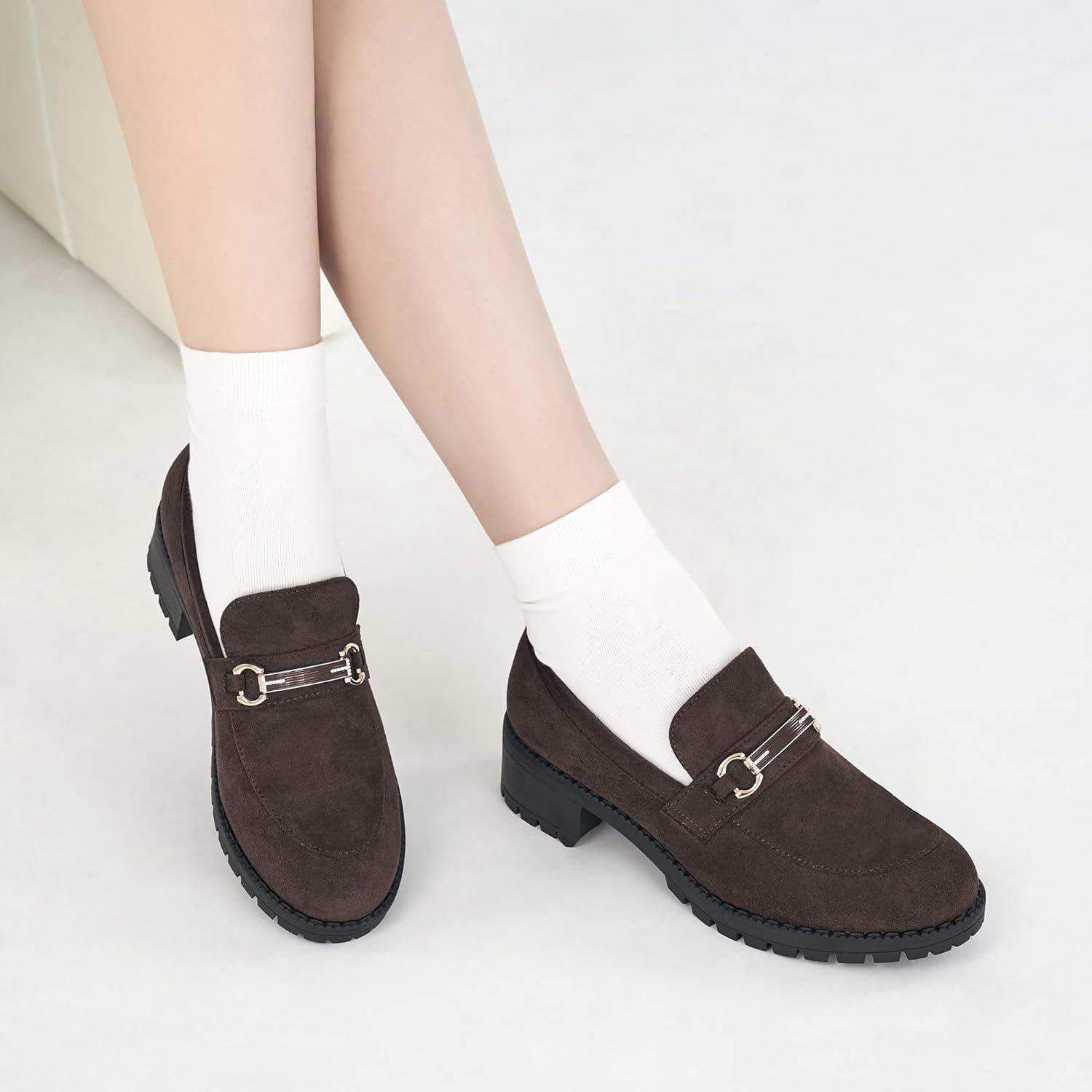 imageAlicegana Platform Loafers for Women Fashion Comfortable Suede Chunky Penny Loafer Casual Slip on Dress Business Work ShoesCoffee