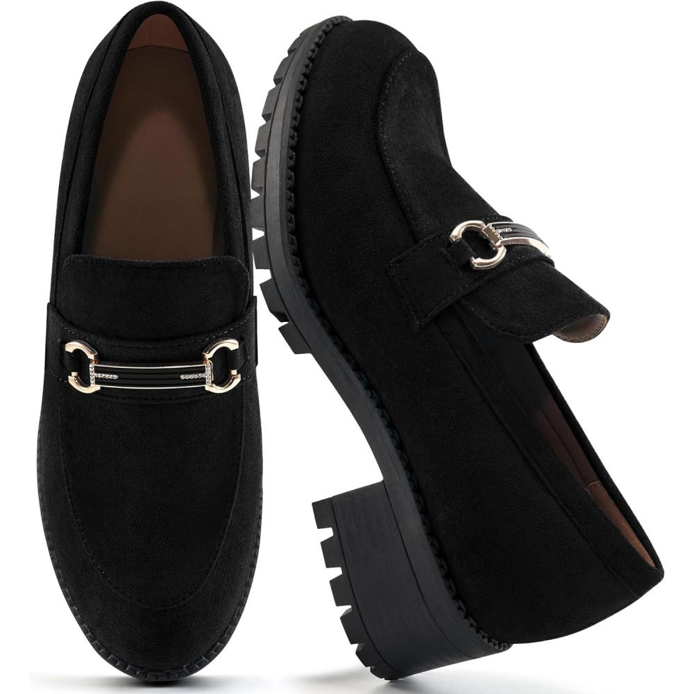 imageAlicegana Platform Loafers for Women Fashion Comfortable Suede Chunky Penny Loafer Casual Slip on Dress Business Work ShoesBlack