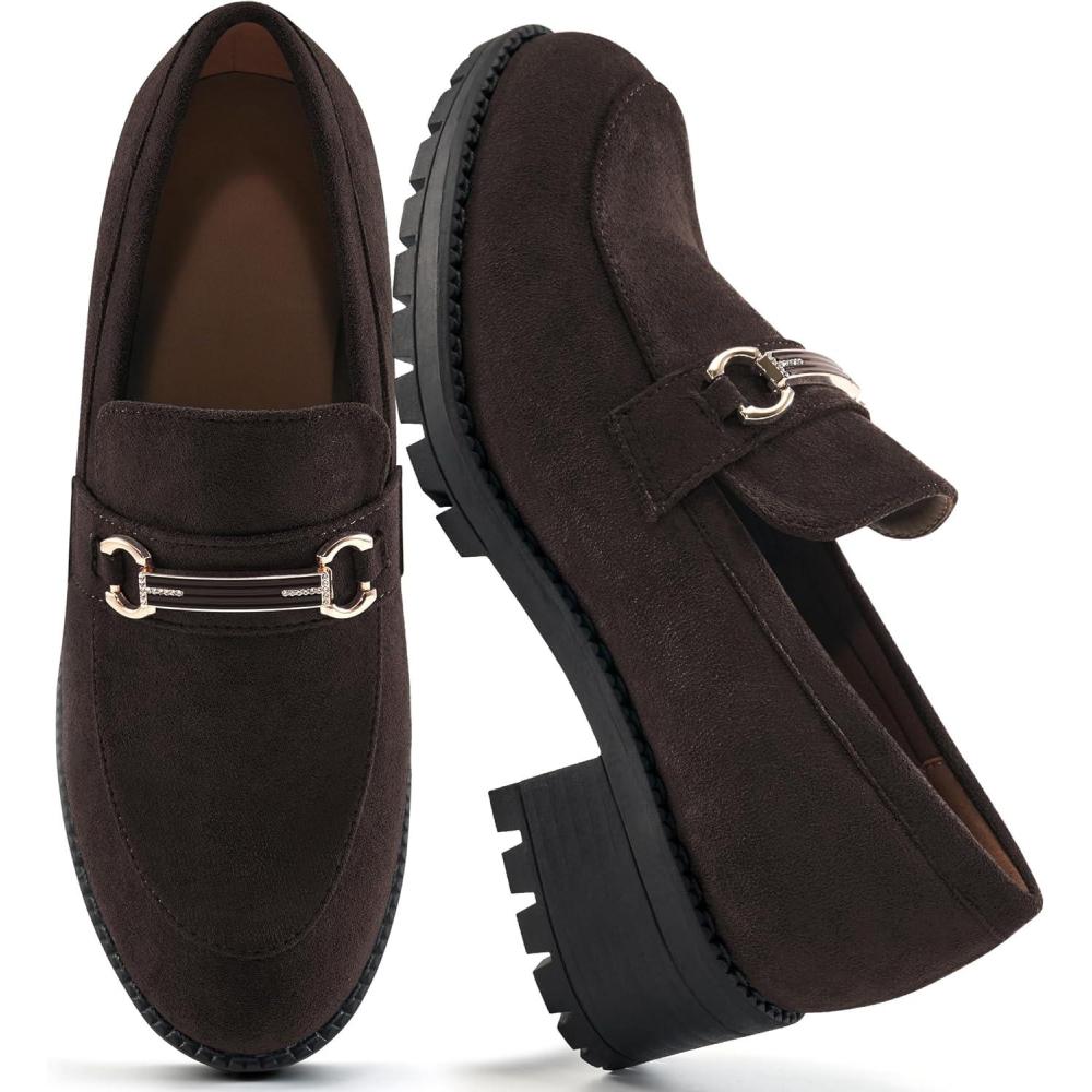 imageAlicegana Platform Loafers for Women Fashion Comfortable Suede Chunky Penny Loafer Casual Slip on Dress Business Work ShoesCoffee