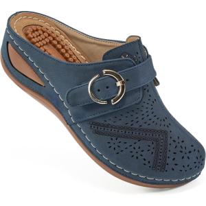 imageAlicegana Mules for Women Comfort Closed Toe Sandals Summer Slip on Wedge with Adjustable Hook LoopDarkblue 702