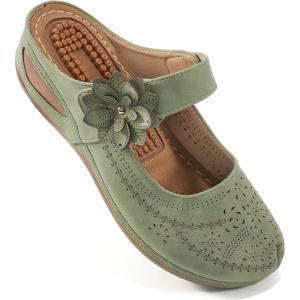 imageAlicegana Mules for Women Dressy Summer Closed Toe Sandals Casual Slip On Wedge with Adjustable Hook LoopGreen 701