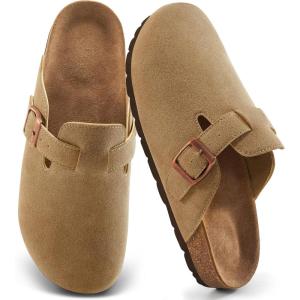 imageAlicegana Womens Suede Clogs Slip on Mules Cork Footbed Potato Shoes Comfort Closed Toe Sandals with Arch SupportBrown