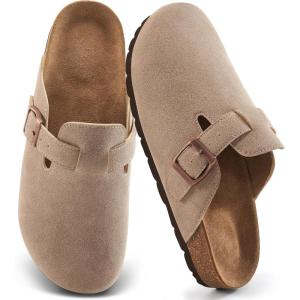 imageAlicegana Womens Suede Clogs Slip on Mules Cork Footbed Potato Shoes Comfort Closed Toe Sandals with Arch SupportTaupe