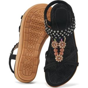 imageAlicegana Sandals for Women 2025 Dressy  Comfort Bohemian Summer Flats Ankle Elastic Strap Casual Walking Beach ShoesBlack