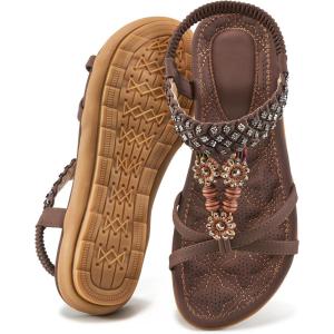 imageAlicegana Sandals for Women 2025 Dressy  Comfort Bohemian Summer Flats Ankle Elastic Strap Casual Walking Beach ShoesCoffee