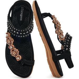 imageAlicegana Womens Sandals Dressy Flats Bohemian Summer Comfortable Split Toe Shoes Walking Beach GladiatorBlack