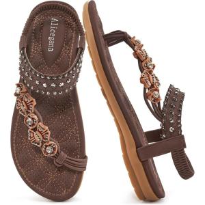 imageAlicegana Womens Sandals Dressy Flats Bohemian Summer Comfortable Split Toe Shoes Walking Beach GladiatorCoffee