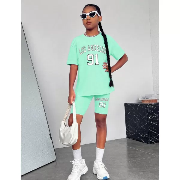 Girls Clothes Summer Outfits Graphic Letter Print Tee Shirt + Biker Shorts 2Pcs Clothing Set 7-16T