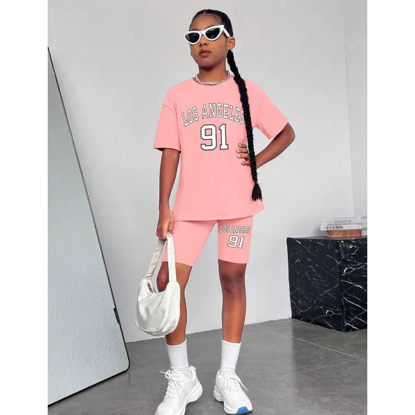 Girls Clothes Summer Outfits Graphic Letter Print Tee Shirt + Biker Shorts 2Pcs Clothing Set 7-16T