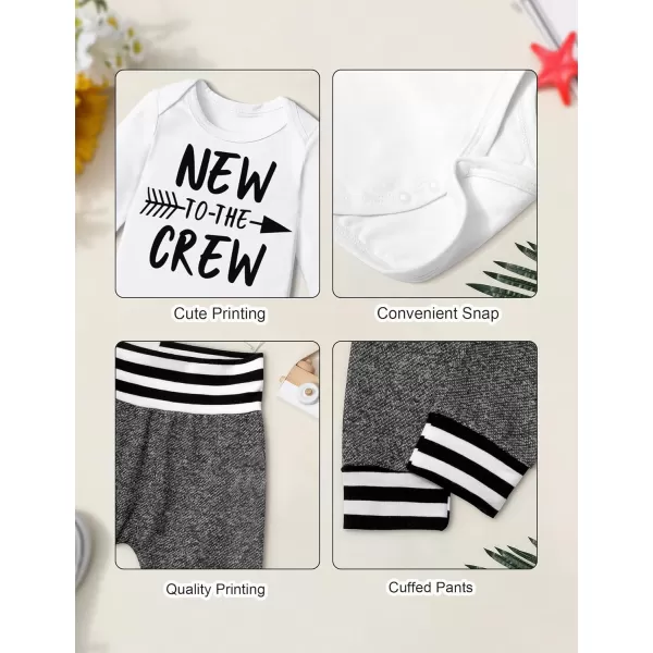 Newborn Baby Boy Clothes New To The Crew Letter Print Romper+Pants+Striped Hat 3pcs Infant Outfits Set