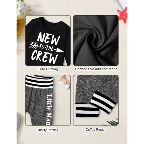 Newborn Baby Boy Clothes New To The Crew Letter Print Romper+Pants+Striped Hat 3pcs Infant Outfits Set