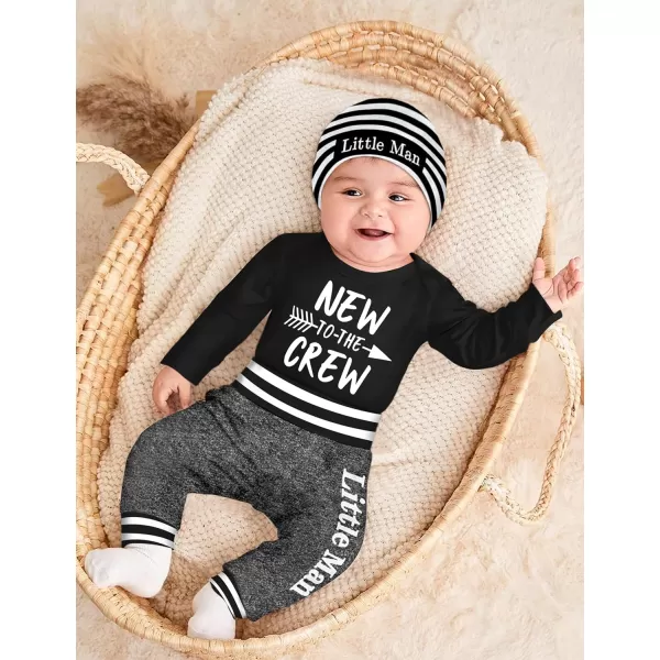 Newborn Baby Boy Clothes New To The Crew Letter Print Romper+Pants+Striped Hat 3pcs Infant Outfits Set
