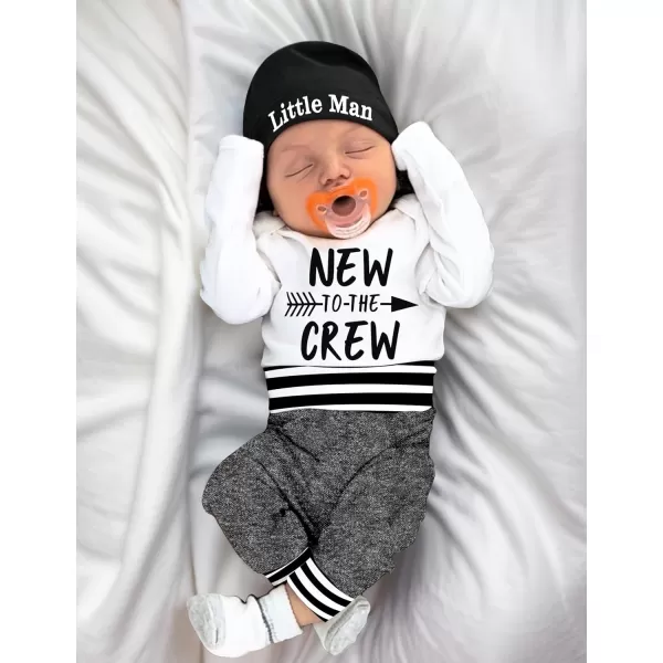 Newborn Baby Boy Clothes New To The Crew Letter Print Romper+Pants+Striped Hat 3pcs Infant Outfits Set