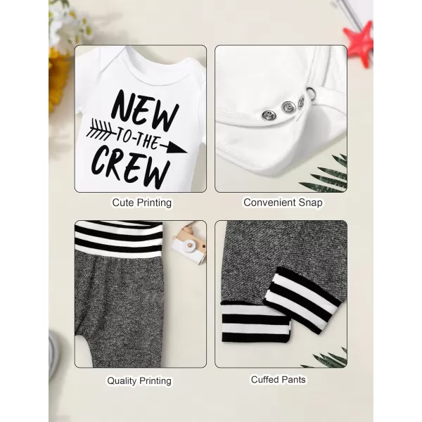 Newborn Baby Boy Clothes New To The Crew Letter Print Romper+Pants+Striped Hat 3pcs Infant Outfits Set