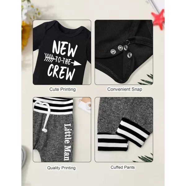 Newborn Baby Boy Clothes New To The Crew Letter Print Romper+Pants+Striped Hat 3pcs Infant Outfits Set