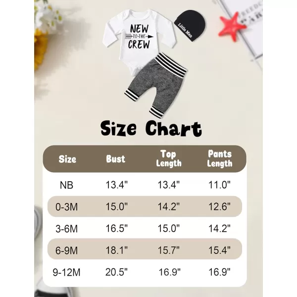 Newborn Baby Boy Clothes New To The Crew Letter Print Romper+Pants+Striped Hat 3pcs Infant Outfits Set