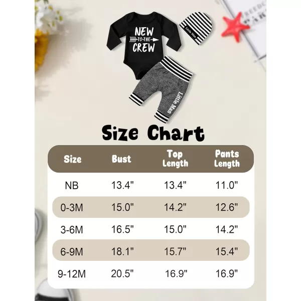 Newborn Baby Boy Clothes New To The Crew Letter Print Romper+Pants+Striped Hat 3pcs Infant Outfits Set