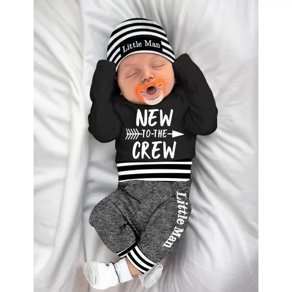 Newborn Baby Boy Clothes New To The Crew Letter Print Romper+Pants+Striped Hat 3pcs Infant Outfits Set