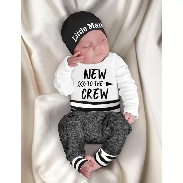 Newborn Baby Boy Clothes New To The Crew Letter Print Romper+Pants+Striped Hat 3pcs Infant Outfits Set
