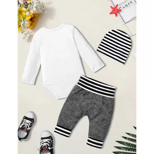 Newborn Baby Boy Clothes New To The Crew Letter Print Romper+Pants+Striped Hat 3pcs Infant Outfits Set