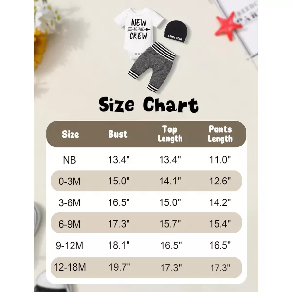 Newborn Baby Boy Clothes New To The Crew Letter Print Romper+Pants+Striped Hat 3pcs Infant Outfits Set