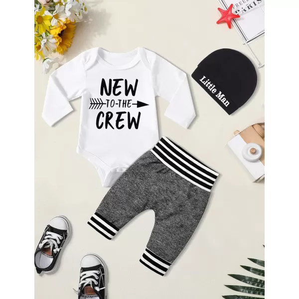 Newborn Baby Boy Clothes New To The Crew Letter Print Romper+Pants+Striped Hat 3pcs Infant Outfits Set