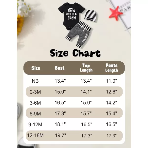 Newborn Baby Boy Clothes New To The Crew Letter Print Romper+Pants+Striped Hat 3pcs Infant Outfits Set