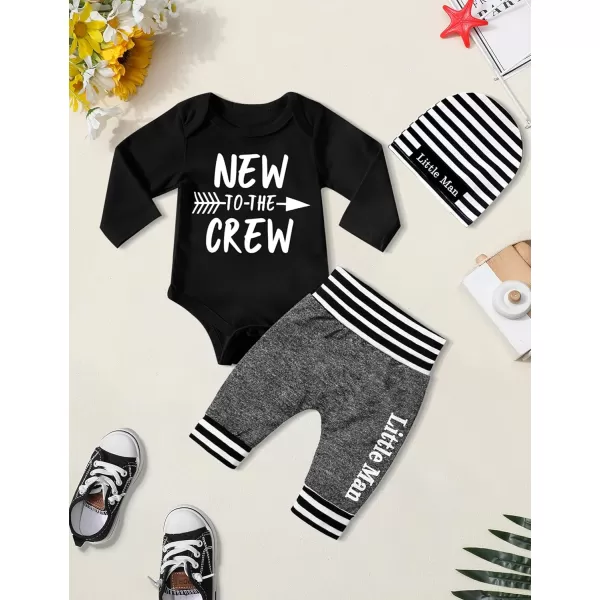 Newborn Baby Boy Clothes New To The Crew Letter Print Romper+Pants+Striped Hat 3pcs Infant Outfits Set