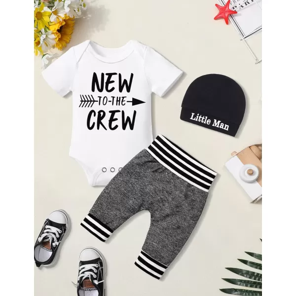 Newborn Baby Boy Clothes New To The Crew Letter Print Romper+Pants+Striped Hat 3pcs Infant Outfits Set