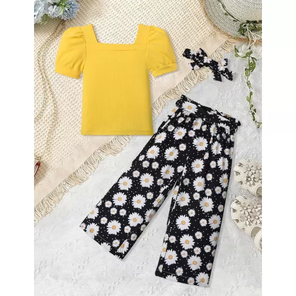 Toddler Girl Clothes Square Neck Puff Sleeve Tops + Wide Leg Pants + Headband 3pcs Spring Summer Girl Outfits