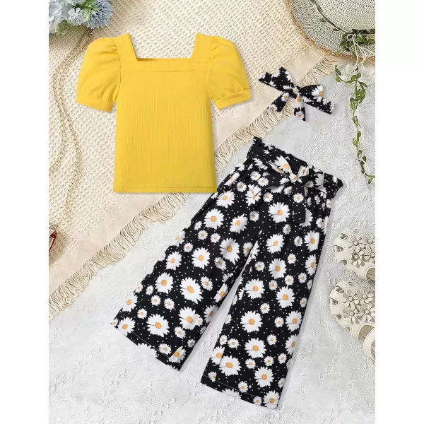 Toddler Girl Clothes Square Neck Puff Sleeve Tops + Wide Leg Pants + Headband 3pcs Spring Summer Girl Outfits