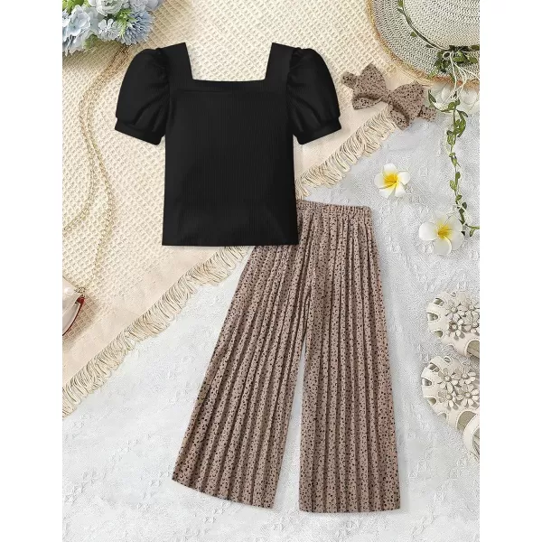 Toddler Little Girl Clothes Outfits Set Square Neck Tops + Pleated Pants + Headband 3pcs Kids Clothing