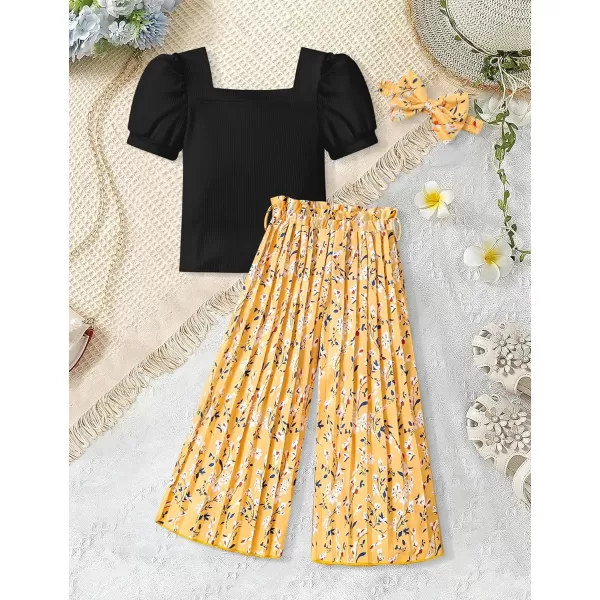 Toddler Little Girl Clothes Outfits Set Square Neck Tops + Pleated Pants + Headband 3pcs Kids Clothing
