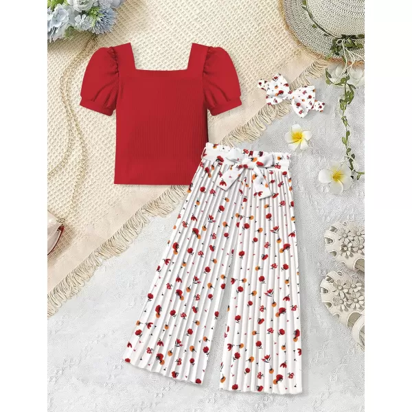 Toddler Little Girl Clothes Outfits Set Square Neck Tops + Pleated Pants + Headband 3pcs Kids Clothing