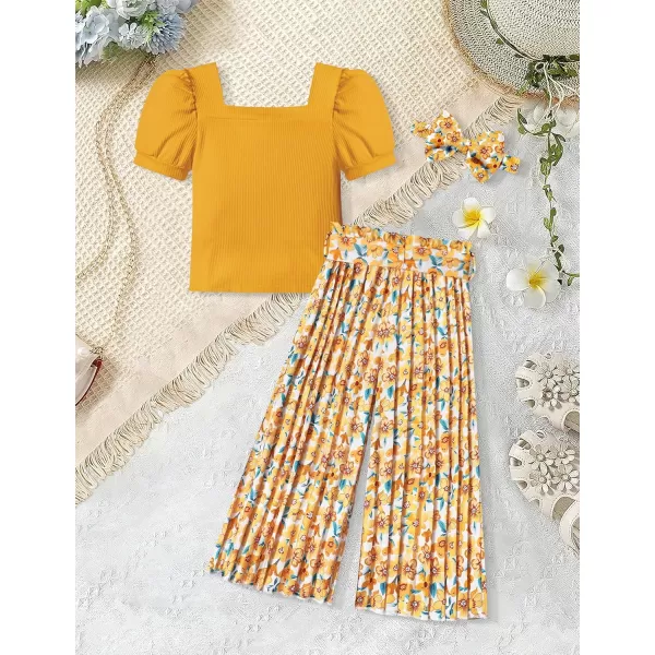 Toddler Little Girl Clothes Outfits Set Square Neck Tops + Pleated Pants + Headband 3pcs Kids Clothing