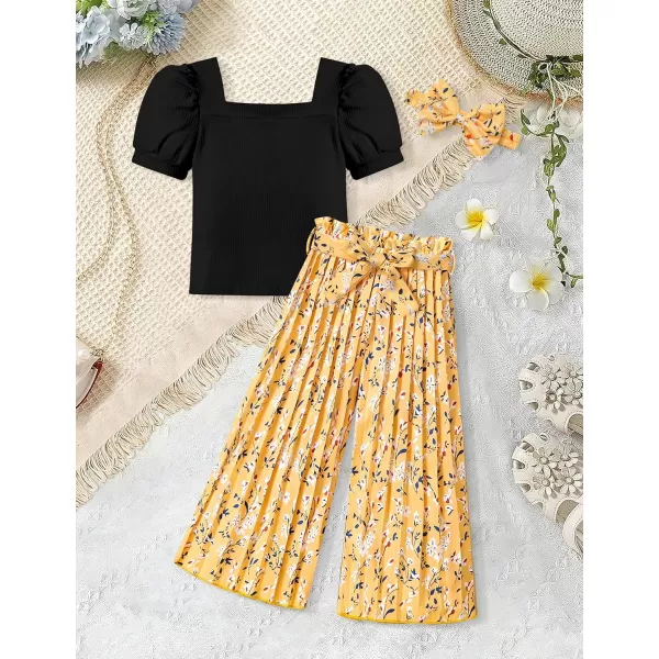 Toddler Little Girl Clothes Outfits Set Square Neck Tops + Pleated Pants + Headband 3pcs Kids Clothing