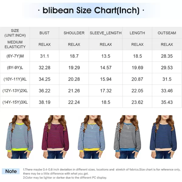 blibean Girls Cotton Long Sleeve Sweathirts Striped Color Block Tops Size 6-15 Years