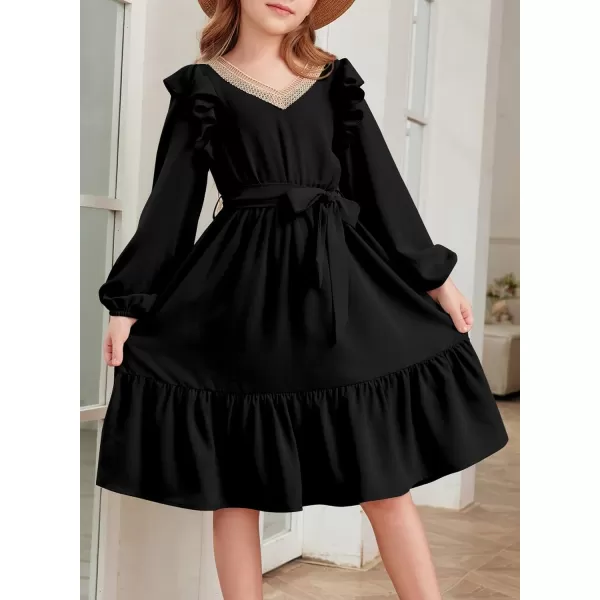 blibean Teen Girls Lace Neckline Dress Kids Semi Formal Long Sleeve Dresses Size 6-15 Years