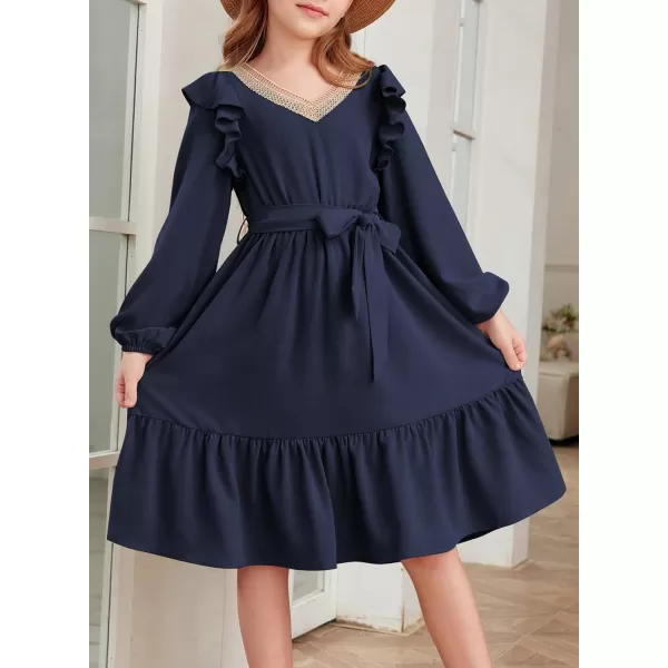 blibean Teen Girls Lace Neckline Dress Kids Semi Formal Long Sleeve Dresses Size 6-15 Years