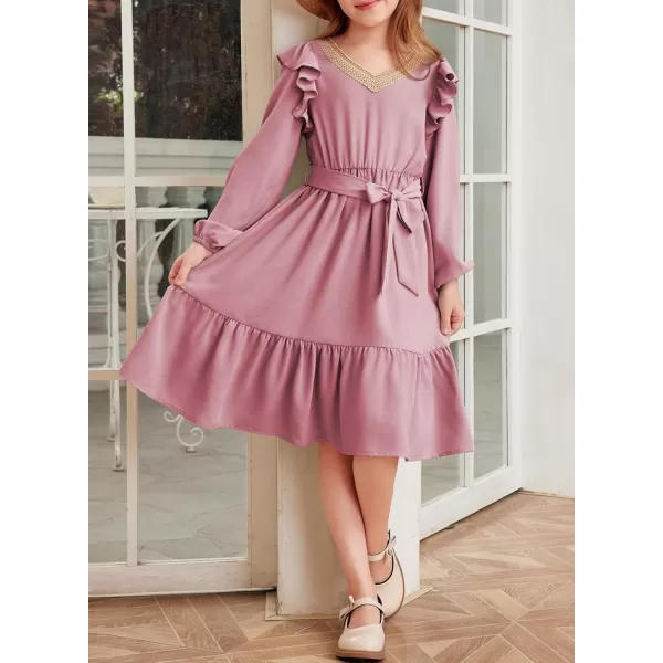 blibean Teen Girls Lace Neckline Dress Kids Semi Formal Long Sleeve Dresses Size 6-15 Years